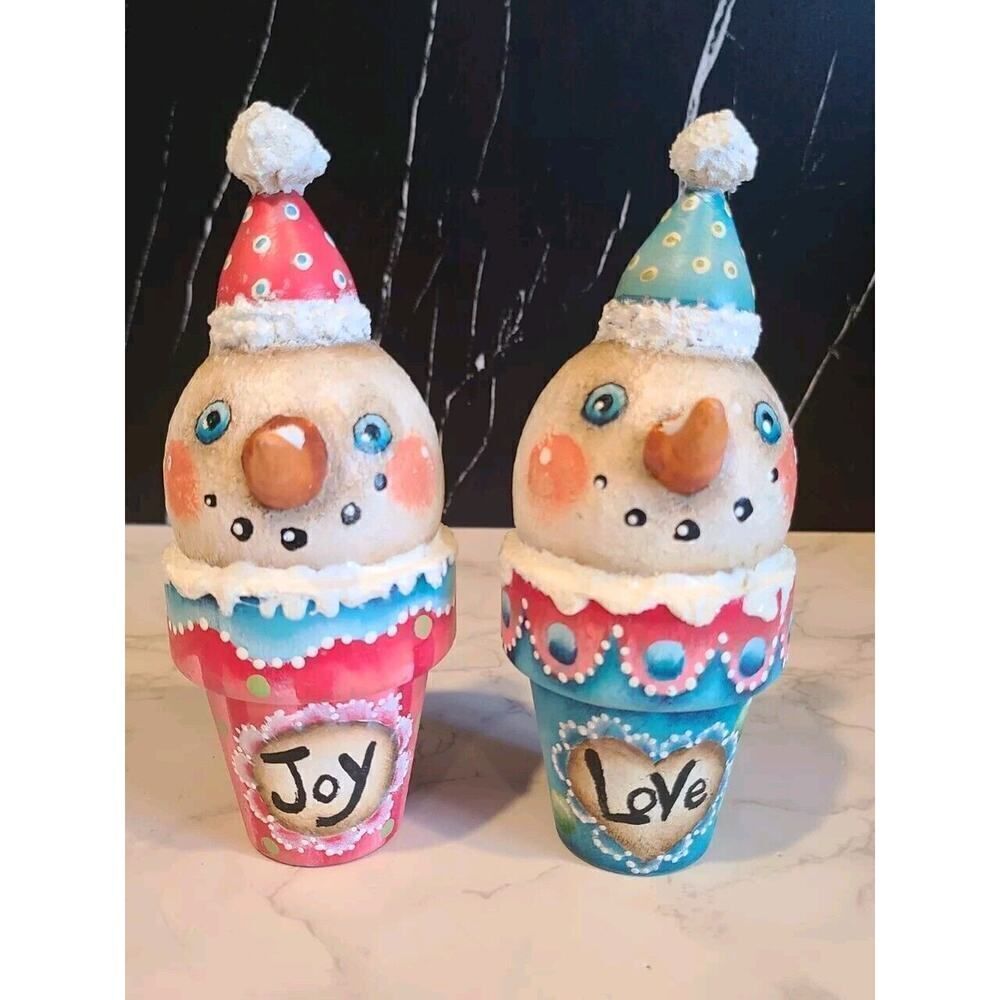 2 Handmade & Hand-painted Christmas Décor Snowman Sno-Cone Signed By Artist 7"